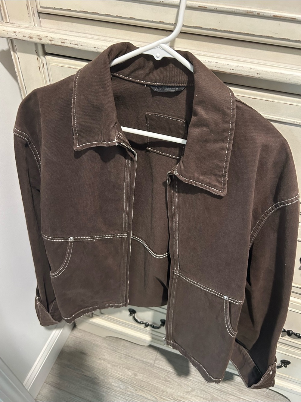 Zara Brown Cropped Jean Jacket with Contrast Stitching
